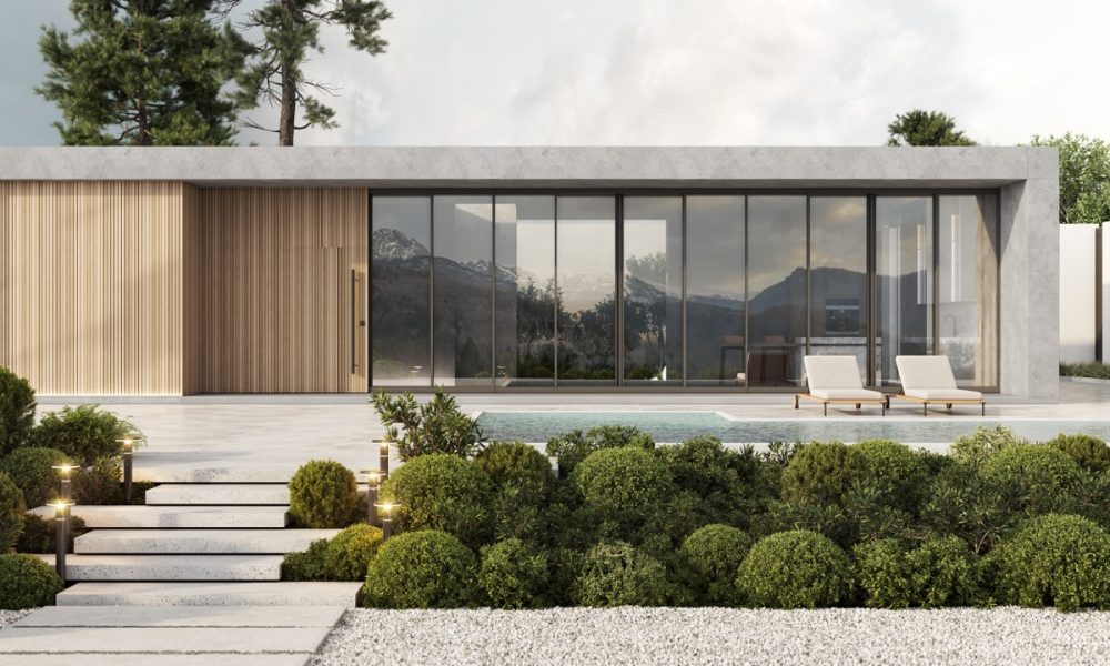 Exterior concept of a modern minimalist wooden stylish house with swimming pool; 3d rendering